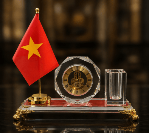 Qùa tặng sếp sang trọng Bộ để bàn pha lê đồng hồ 1